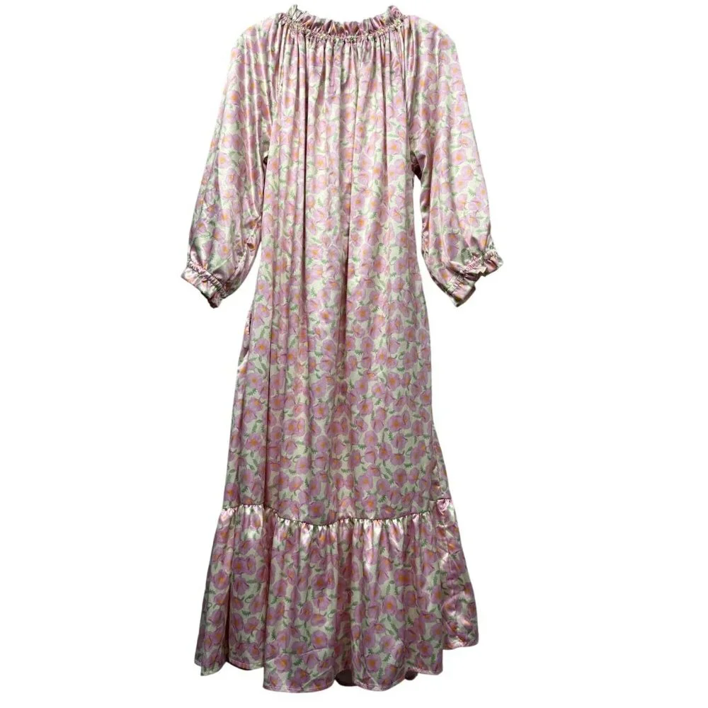 Dondolo Caroline NWT Satin Midi Dress Puff Sleeve Ruffle Floral Women Pink - Picture 2 of 16